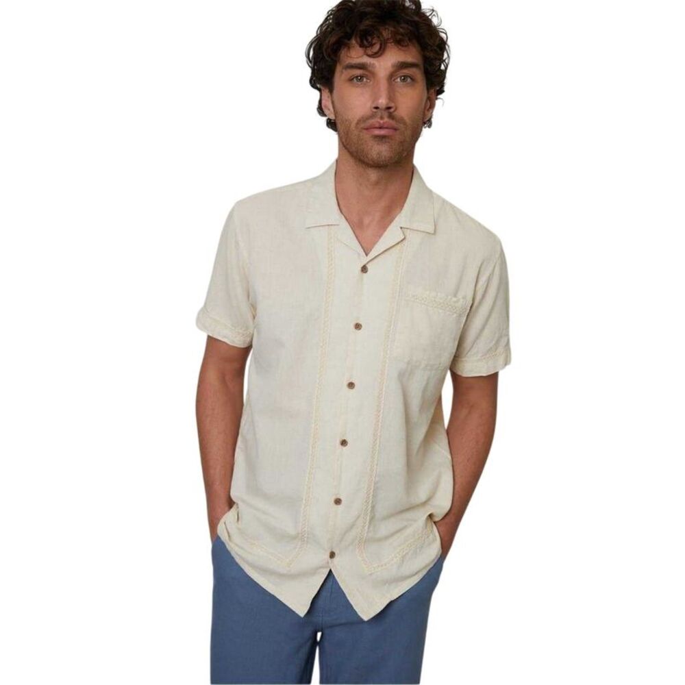 Threadbare Mens Crochet Trim Short-Sleeved Shirt / Natural
